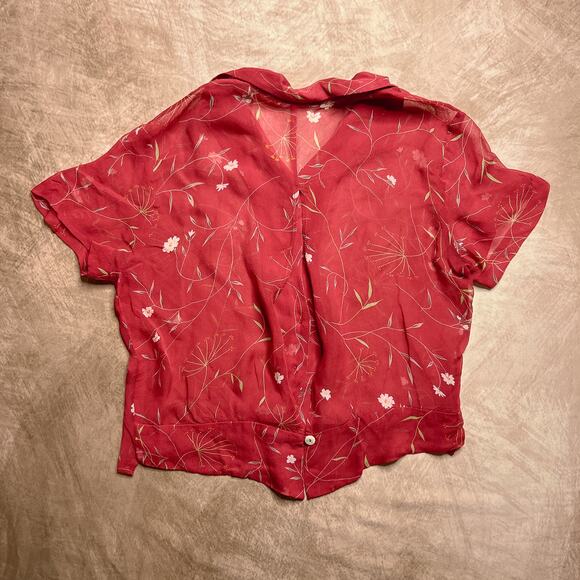 Vintage Y2K Red Floral Mesh Top Button Up Sheer Cap Sleeve Cropped Boho Hippie - Picture 2 of 6